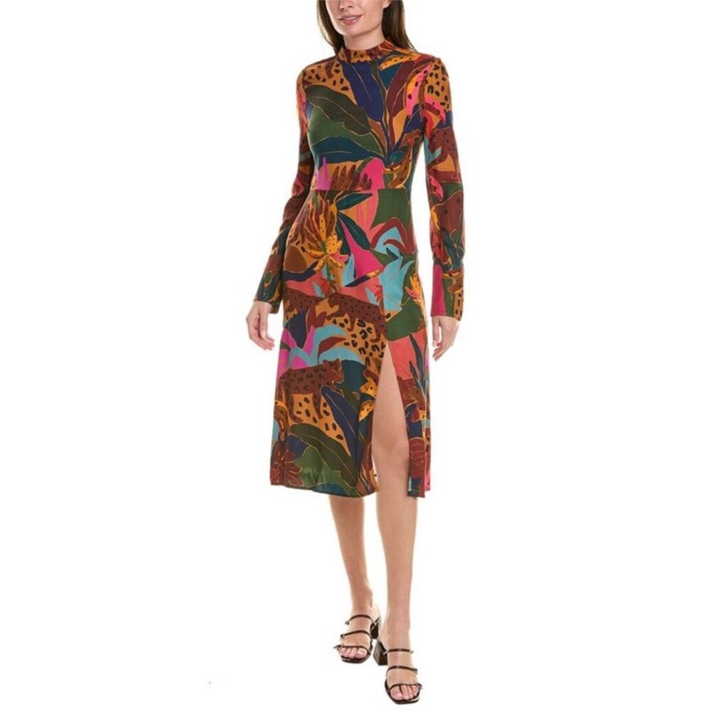 🐅 FARM Rio Jungle Tropical Print Multicolor Midi Dress XL RARE HTF